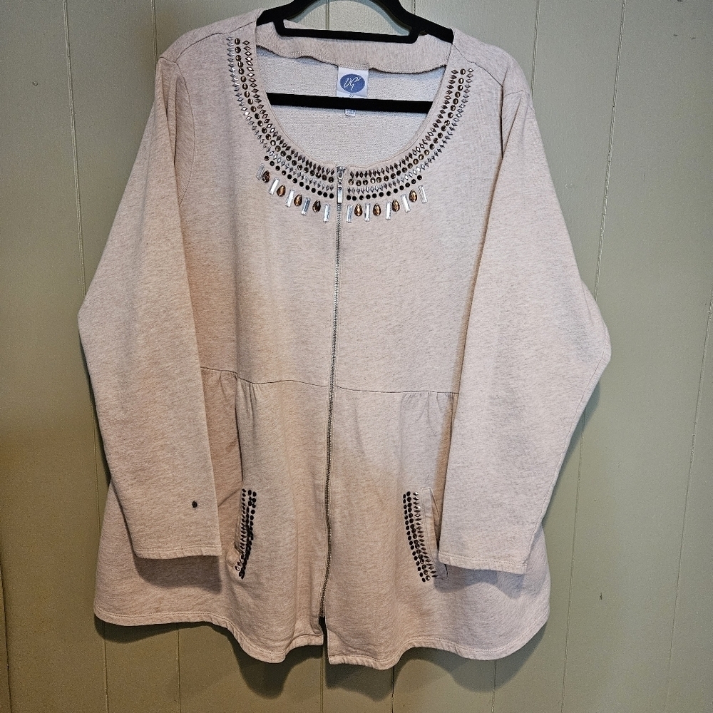 Diane Gilman Plus-Size 2X Beige Embellished Zip Cardigan Jacket